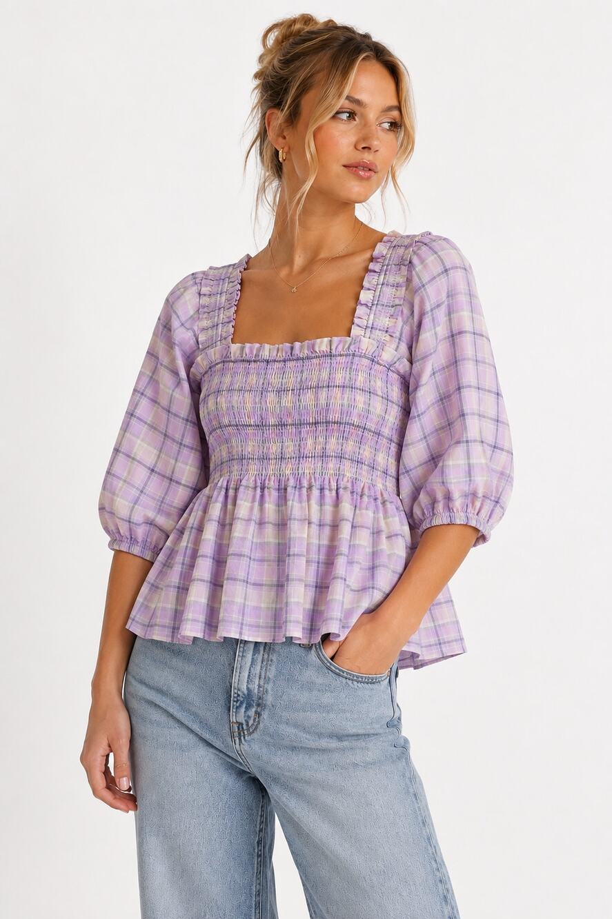 Ganni Purple Pink Smocked Peplum Blouse Womens 8 Boho Organic Cotton Peasant Top